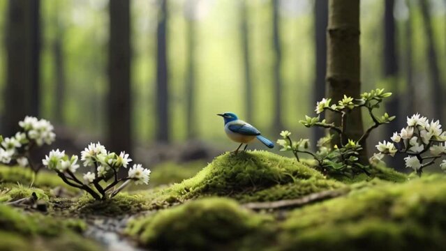 Miniature landscape, spring, a beautiful Asian bird, forest 3D stereoscopic effect created with generative ai