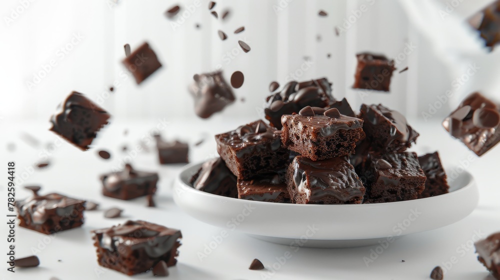 Poster a dish of gooey brownies d style isolated flying objects memphis style d render ai generated illustr