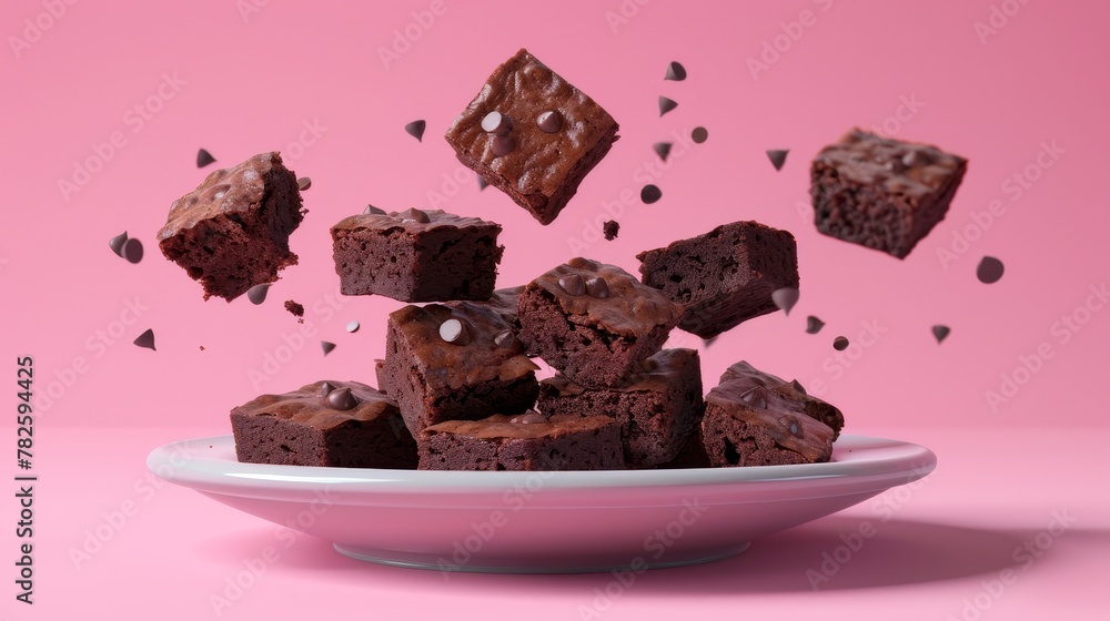 Poster a dish of gooey brownies d style isolated flying objects memphis style d render ai generated illustr