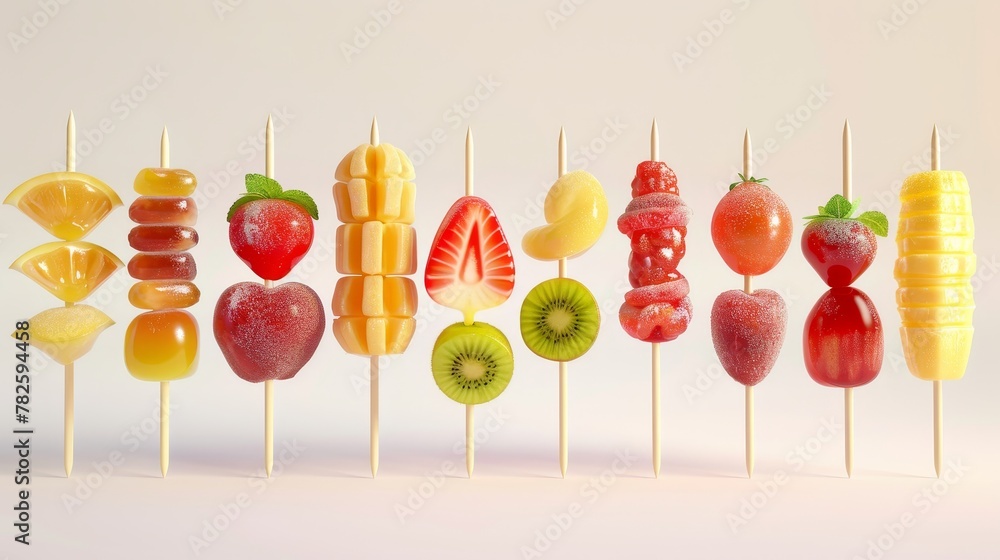 Poster a display of sugary fruit skewers d style isolated flying objects memphis style d render ai generate