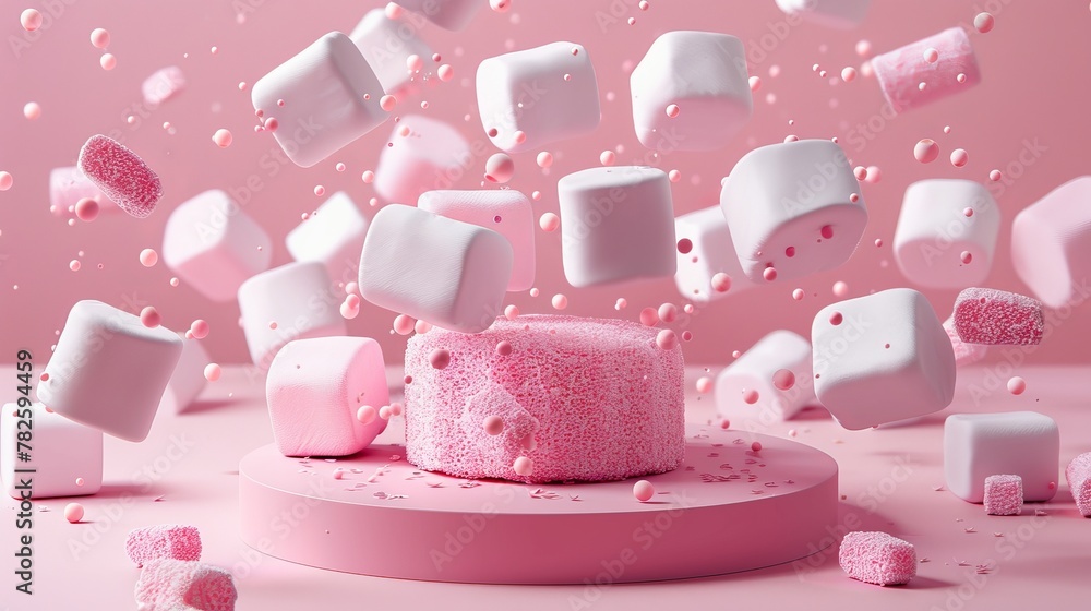 Poster a display of sugary marshmallows d style isolated flying objects memphis style d render ai generated