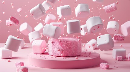 A display of sugary marshmallows  d style isolated flying objects memphis style d render   AI generated illustration