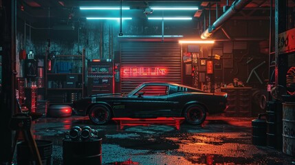 A dramatic lighting setting in a cinematic car garage  AI generated illustration