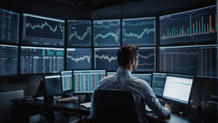 Data analyst with a wall of monitors full of kpis (finance, crypto, trading and data analysis concept)