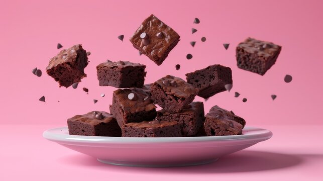 A dish of gooey brownies  d style isolated flying objects memphis style d render   AI generated illustration