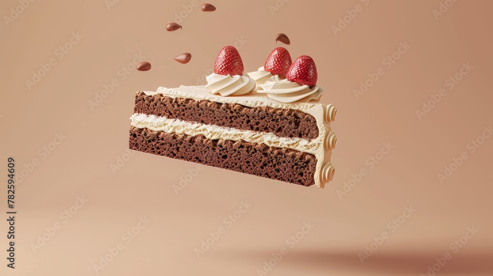 Poster a floating slice of decadent cake d style isolated flying objects memphis style d render ai generate