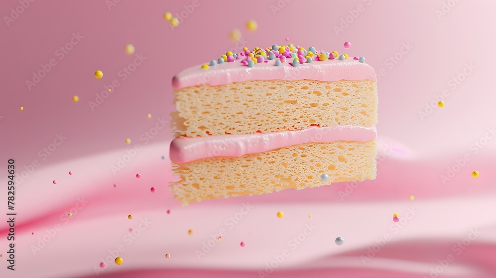 Poster a floating slice of decadent cake d style isolated flying objects memphis style d render ai generate