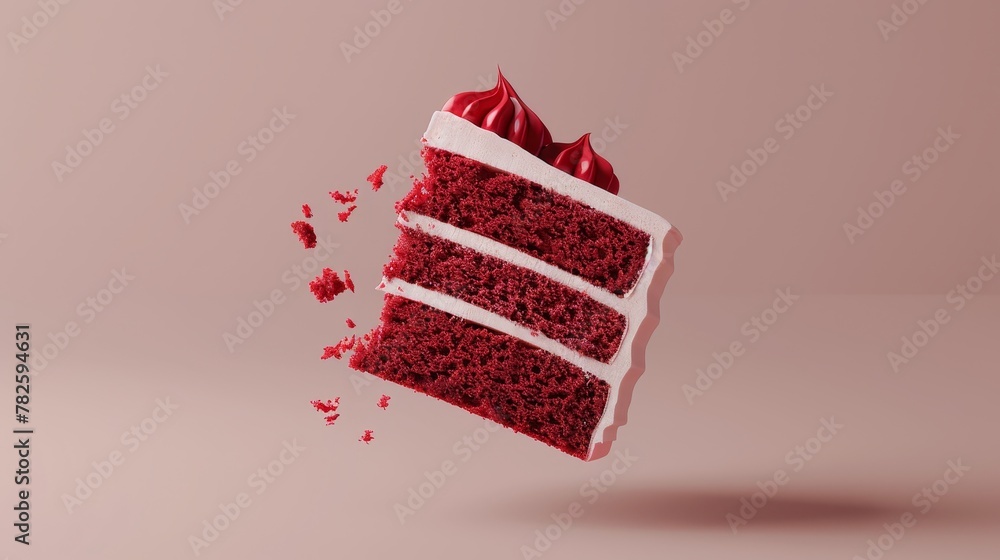 Poster a floating slice of red velvet cake d style isolated flying objects memphis style d render ai genera