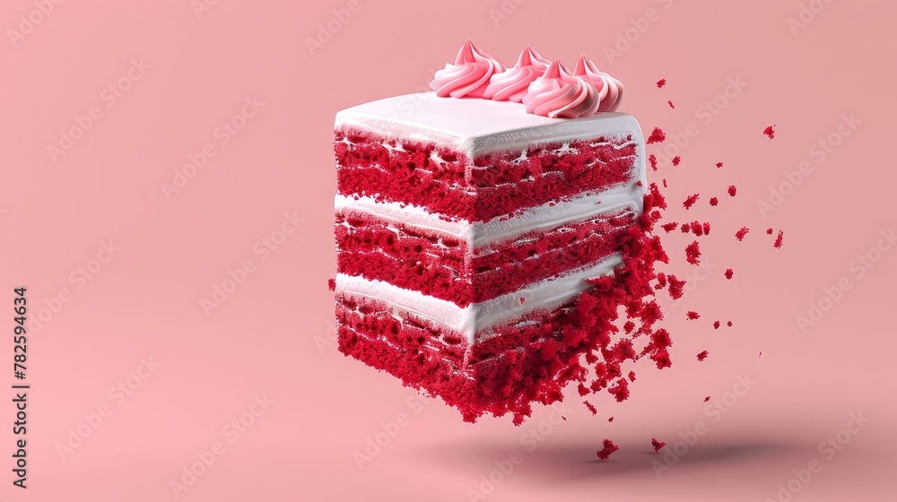 Poster a floating slice of red velvet cake d style isolated flying objects memphis style d render ai genera
