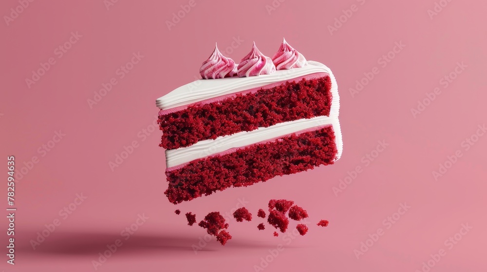 Poster a floating slice of red velvet cake d style isolated flying objects memphis style d render ai genera