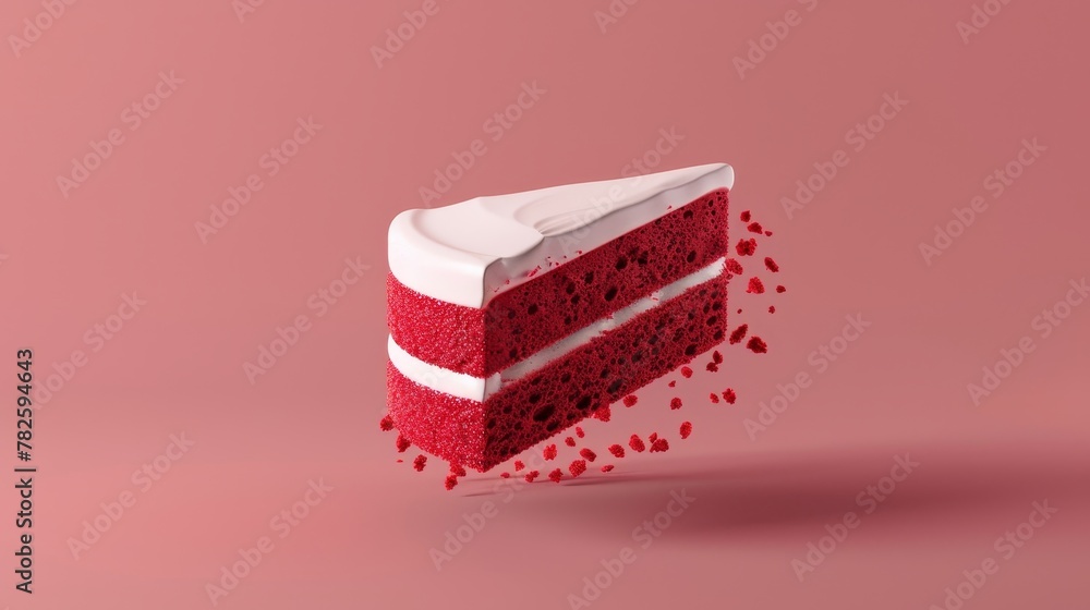 Poster a floating slice of red velvet cake d style isolated flying objects memphis style d render ai genera
