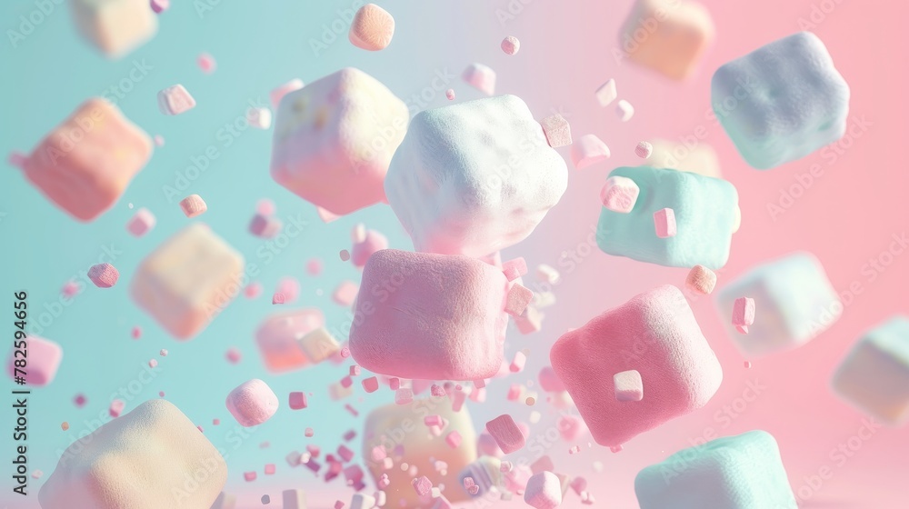 Poster a fluffy marshmallow in a pastel color scheme d style isolated flying objects memphis style d render