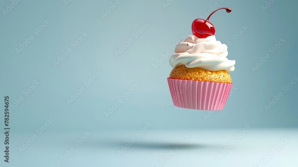 Poster a flying cupcake with a cherry on top d style isolated flying objects memphis style d render ai gene