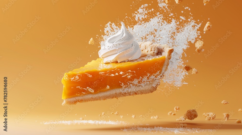Poster a flying slice of pumpkin pie d style isolated flying objects memphis style d render ai generated il