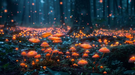 Fototapeta na wymiar A field of glowing mushrooms carpeting the forest floor of an alien world AI generated illustration