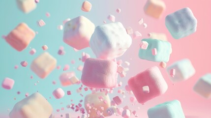 A fluffy marshmallow in a pastel color scheme d style isolated flying objects memphis style d render   AI generated illustration - obrazy, fototapety, plakaty