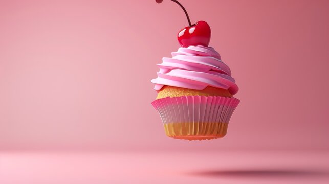 A flying cupcake with a cherry on top d style isolated flying objects memphis style d render   AI generated illustration