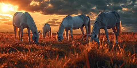 group of white horses grazing at sunset - obrazy, fototapety, plakaty