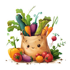 A curious cartoon bag is exploring a vibrant vegetable garden, displaying a mix of excitement and wonder. It is isolated on a transparent background.