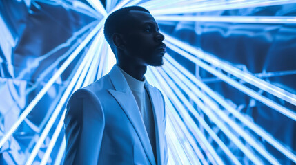 A black man stands confidently in front of a backdrop of electric blue lights wearing a structured white suit with sharp lines and unexpected outs. His pose exudes power and innovation .