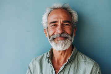 Portrait of a happy senior man with white beard on blue background