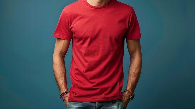 The photo shows a man wearing a simple but classic red T-shirt.