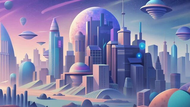 A chaotic digital cityscape with various futuristic buildings and technological advancements colliding and overlapping illustrating the