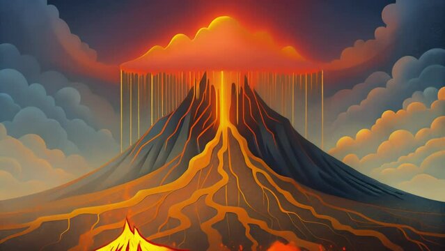 A volcano erupting with streams of data spewing forth molten lines of code that cascade down the sides of the mountain creating a fiery