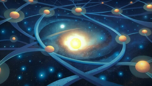 A network of glowing pathways stretching between galaxies symbolizing the interconnectivity of all things in the AGIdominated universe.