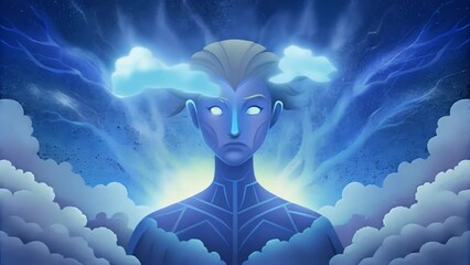 A digital avatar channeling the chaotic energy of a thunderstorm symbolizing the unpredictable but calculated nature of CyberThunders actions.