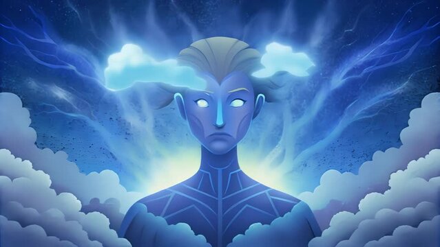 A digital avatar channeling the chaotic energy of a thunderstorm symbolizing the unpredictable but calculated nature of CyberThunders actions.
