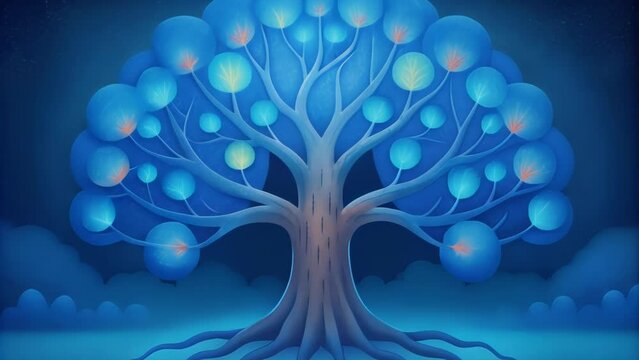 A tree grows and branches out with each new branch representing a new concept or idea formed by AGIs expanding intelligence.