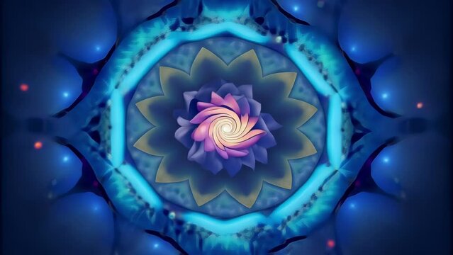 A celestial kaleidoscope with AGI at the center rotating and shifting the infinite pieces of the universe to create a constantly changing and