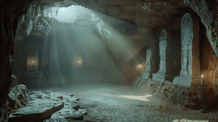 Underground cave with mystical carvings illuminated by shafts of light - obrazy, fototapety, plakaty
