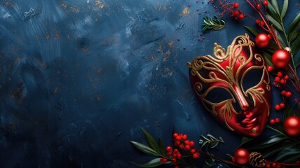 Red and gold masquerade mask surrounded by berries green leaves on dark blue background