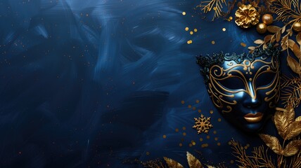 Elegant venetian mask alongside golden leaves on textured blue background with festive decor