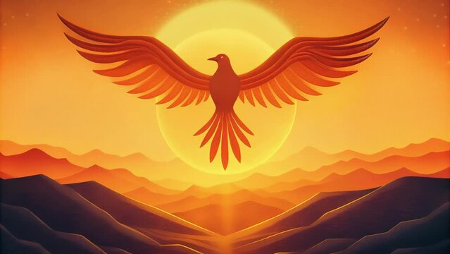 The silhouette of a phoenix composed of intricate lines of binary code soaring towards a bright digital sunrise.