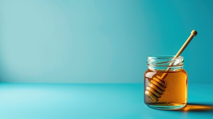 Jar of honey with wooden dipper on blue background