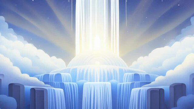 A cascading waterfall of crisp white light flows down from the heavens giving birth to a new generation of Luminous Machina symbolizing their