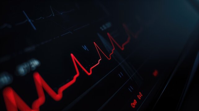 Close-up of digital heart rate monitor with glowing red lines against dark background, indicating heartbeat rhythm