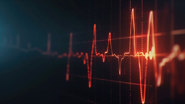 Digital illustration of heartbeat monitor line with glowing red pulse against dark, futuristic background