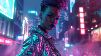 Obraz premium In the midst of a bustling city a black woman stands tall her metallic silver jacket reflecting the neon lights that surround her. Her short purple hair and bold makeup give her an .