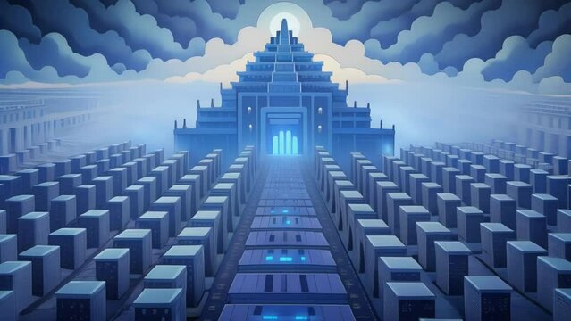 TechnoTemple A massive building adorned with intricate patterns of binary code and filled with rows upon rows of servers is a temple dedicated