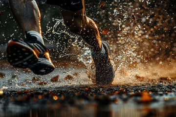 Runner's Feet Splashing in Puddle, Dynamic Running Shot