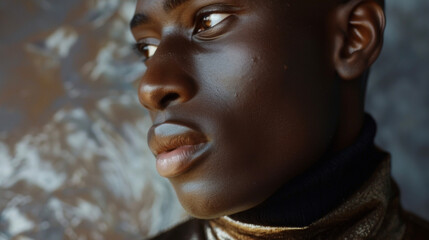 A captivating image of a black man in a metallic bronze turtleneck the light reflecting off the material and highlighting his chiseled features. Along with his sharp bold fashion choice . - obrazy, fototapety, plakaty
