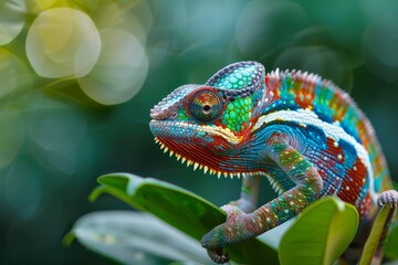 Close up of colorful chameleon on green leaf in the forest