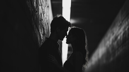 A couple is kissing in a dark tunnel