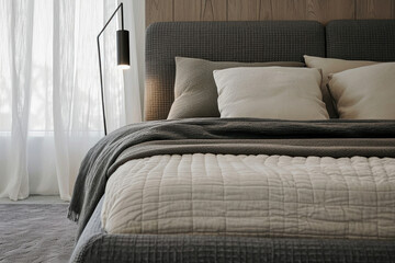 Modern bedroom interior with gray headboard bed and stylish bedside lamps on both sides