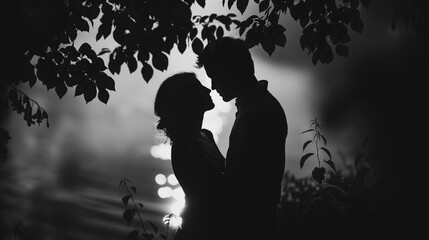 A couple is kissing in the woods at sunset