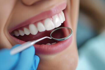 Dental Examination with Mirror on Smiling Patient's Teeth